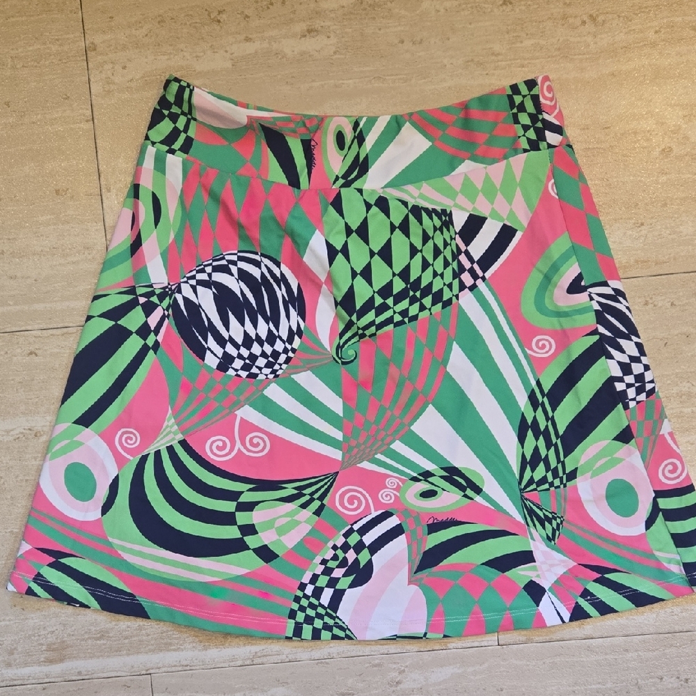 Melly M Pink/Green Geometric A-Line Nylon/Spandex Skirt